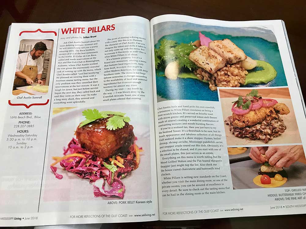 Chef Sumrall of White Pillars was featured on Southern Mississippi Living magazine in its June 2018 issue.