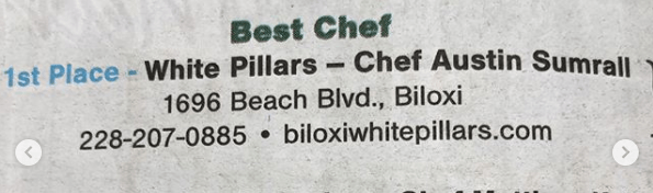 White Pillar's Chef Austin Sumrall won first place in Sun Herald People's Choice 2018 Best Chef category
